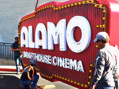Alamo Drafthouse Cinema Sign being installed