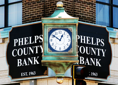 Phelps County Bank sign on exterior of building